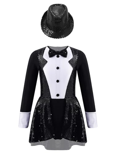 CHICTRY Kinder Mädchen Zirkus Kostüm Pailletten Glitzer Tanzkleid Langarm Zauberer Kleid Mit Fedora Hut Kinderkostüm Für Fasching Karneval Schwarz 110-116 von CHICTRY