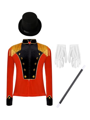 CHICTRY Kinder Mädchen Zirkusdirektor Uniform Langarm Military Marching Band Drummer Parade Jacke Stehkragen Fransen Mantel Mit Zauberstab Mütze Handschuhe rot schwarz 122-128 von CHICTRY