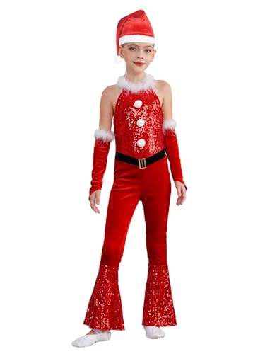 CHICTRY Kostüm Kinder Mädchen Weihnachten Wichtel Outfit Pailletten Overall Federbesatz Jumpsuit Mit Nikolaushut Samt Armstulpen Kinderkostüm Rot 110-116 von CHICTRY