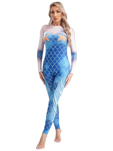 CHICTRY Meerjungfrau Ganzkörperanzug Damen Mermaid Kostüm Langarm Fischschuppen Overall Motiv Jumpsuit Fastnacht Mottoparty Faschingkostüm Dunkelblau H M von CHICTRY