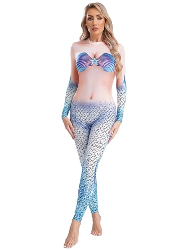 CHICTRY Meerjungfrau Ganzkörperanzug Damen Mermaid Kostüm Langarm Fischschuppen Overall Motiv Jumpsuit Fastnacht Mottoparty Faschingkostüm Hellblau H L von CHICTRY