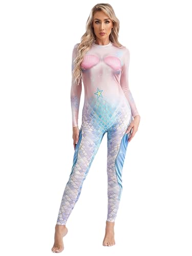 CHICTRY Meerjungfrau Ganzkörperanzug Damen Mermaid Kostüm Langarm Fischschuppen Overall Motiv Jumpsuit Fastnacht Mottoparty Faschingkostüm Helles Lila H XL von CHICTRY