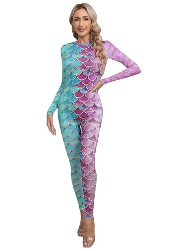 CHICTRY Meerjungfrau Ganzkörperanzug Damen Mermaid Kostüm Langarm Fischschuppen Overall Motiv Jumpsuit Fastnacht Mottoparty Faschingkostüm Typ D M von CHICTRY