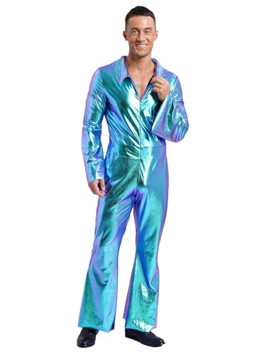 CHICTRY Metallic Anzug Herren 70er Jahre Disco Outfit Glitzer Langarm Holographic Jumpsuit Stretch Schlaghose Jazzpants Festival Silvester Outfit Blau 3XL von CHICTRY