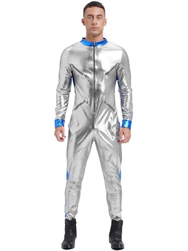 CHICTRY Metallic Body Herren Astronauten Kostüm Silber Gold Langarm Overall Stehkragen Jumpsuit Weltraum Raumfahrer Anzug Space Man Outfit Silber L von CHICTRY