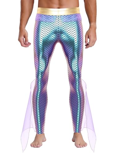 CHICTRY Metallic Hose Herren Leggings Glänzend Pantyhose Fischschuppen Print Strumpfhose Mit Tüllschicht Männer Fasching Karneval Meeresgott Kostüm Violett A 3XL von CHICTRY