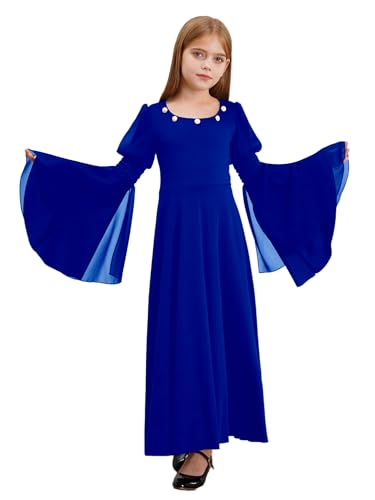 CHICTRY Mittelalter Kleid Kostüm Kinder Mädchen Renaissance Adels Prinzessin Kleid mit perlen Trompetenärmel Abendkleid Maxikleid Viktorianisch Kostüm Blau 134-140 von CHICTRY