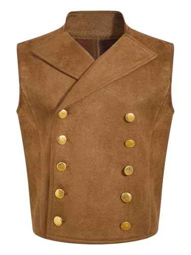 CHICTRY Mittelalter Weste Kinder Jungen Renaissance Kostüm Stehkragen Cowboy Weste Ärmellos Jacke Mit V-Ausschnitt Halloween Karneval Kinderkostüm Kaffee 110-116 von CHICTRY