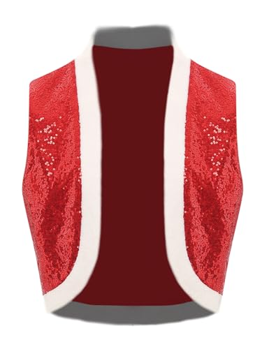 CHICTRY Pailletten Weste Herren Glitzer Ärmellos Weihnachtsweste Mit Fellbesatz Winter Warm Jacke Mantel Ohne Knopf Weihnachtsfeier Outfit Rot L von CHICTRY