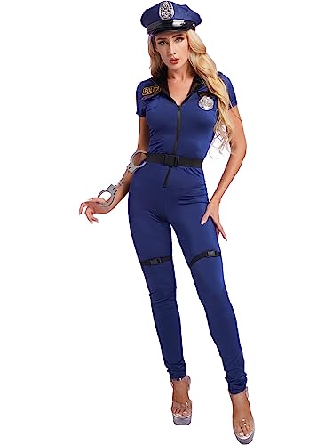 CHICTRY Polizei Kostüm Damen Ganzkörper Body Kurzarm Overall Jumpsuit Mit Polizeimütze Gürtel Beingürtel Handschellen Abzeichen Für Fasching Karneval Blau L von CHICTRY