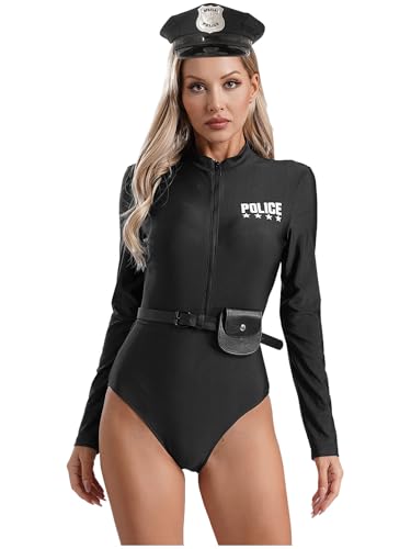 CHICTRY Polizei Kostüm Damen Langarm Body Stehkragen Overall Einteiler Jumpsuit Kurz Mit Gürtel Geldbörse Polizeihut 4tlg Cosplay Uniform Schwarz S von CHICTRY