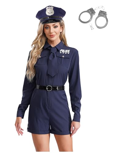 CHICTRY Polizei Kostüm Damen Langarm Overall Kurz Jumpsuit Locker Mit Gürtel Krawatte Polizeimütze Handschnelle Für Fasching Karneval Halloween Navy blau 3XL von CHICTRY