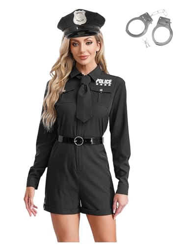 CHICTRY Polizei Kostüm Damen Langarm Overall Kurz Jumpsuit Locker Mit Gürtel Krawatte Polizeimütze Handschnelle Für Fasching Karneval Halloween Schwarz 3XL von CHICTRY