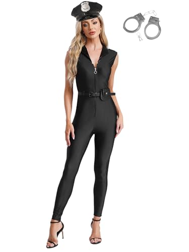 CHICTRY Polizei Kostüm Damen Overall Lang Jumpsuit Ärmellos Ganzkörper Body Mit Polizeimütze Gürtel Handtasche Handschellen Cop Uniform Outfit Schwarz 3XL von CHICTRY