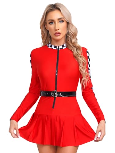 CHICTRY Rennfahrer Kostüm Damen Kleid Langarm Kariert Minikleid Stehkragen Faltenkleid A Linien Mit Gürtel Für Fasching Karneval Mottoparty Rot M von CHICTRY