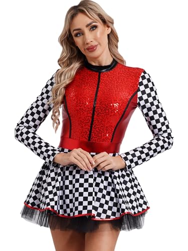 CHICTRY Rennfahrer Kostüm Damen Schachbrettmuster Kleid Langarm Pailletten Overall Kurz Jumpsuit Mit Tutu Tüllrock Für Fasching Karneval Mottoparty Rot 3XL von CHICTRY