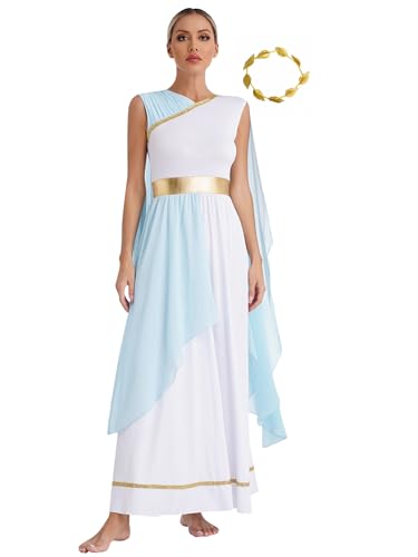 CHICTRY Römische Göttin Kleid Damen Griechischen Toga Kostüm Metallic Patchwork Edles Kleid Rüschen Robe Partykleid Mit Blatt Stirnband Tanzkostüm Hellblau 3XL von CHICTRY