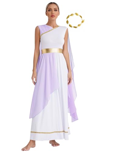 CHICTRY Römische Göttin Kleid Damen Griechischen Toga Kostüm Metallic Patchwork Edles Kleid Rüschen Robe Partykleid Mit Blatt Stirnband Tanzkostüm Lavendel XXL von CHICTRY