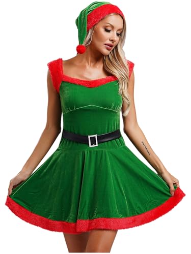 CHICTRY Santa Claus Kleid Damen Weihnachtswichtel Kostüm Ärmellos Samtkleid A Linien Swing Kleid Fellbesatz Partykleid Festlich Mit Weihnachtshut Grün M von CHICTRY