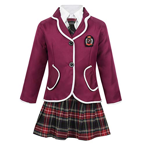 CHICTRY Schuluniform Mädchen Bekleidung Set Japanischen Uniform Anzug Karierter Mini Rock & Mantel & Hemd & Krawatte Karneval Cosplay Verkleidung Burgundy 152-164 von CHICTRY