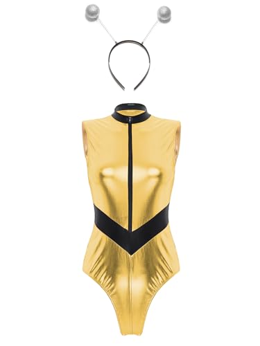 CHICTRY Spacegirl Kostü Damen Alien Outfit Metallic Body Ärmellos Catsuit Mit Alien Stirnband Fasching Karneval Weltraumanzug Gold L von CHICTRY