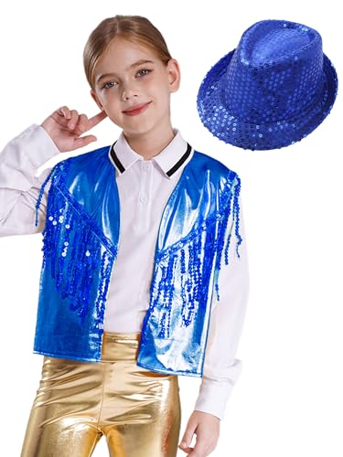 CHICTRY Tanzkleidung Mädchen Jazz Dance Kostüm Metallic Glitzer Weste Pailletten Tribal Anzugjacke Ärmellos Mit Fedora Hut Disco Festival Outfit Blau 110-116 von CHICTRY