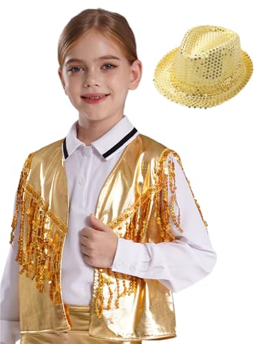 CHICTRY Tanzkleidung Mädchen Jazz Dance Kostüm Metallic Glitzer Weste Pailletten Tribal Anzugjacke Ärmellos Mit Fedora Hut Disco Festival Outfit Gold 110-116 von CHICTRY