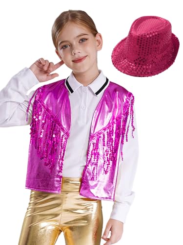 CHICTRY Tanzkleidung Mädchen Jazz Dance Kostüm Metallic Glitzer Weste Pailletten Tribal Anzugjacke Ärmellos Mit Fedora Hut Disco Festival Outfit Hot Pink 134-140 von CHICTRY