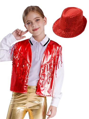 CHICTRY Tanzkleidung Mädchen Jazz Dance Kostüm Metallic Glitzer Weste Pailletten Tribal Anzugjacke Ärmellos Mit Fedora Hut Disco Festival Outfit Rot 122-128 von CHICTRY