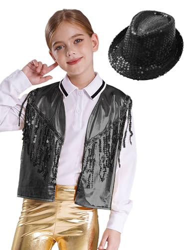 CHICTRY Tanzkleidung Mädchen Jazz Dance Kostüm Metallic Glitzer Weste Pailletten Tribal Anzugjacke Ärmellos Mit Fedora Hut Disco Festival Outfit Schwarz 110-116 von CHICTRY