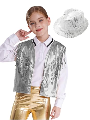 CHICTRY Tanzkleidung Mädchen Jazz Dance Kostüm Metallic Glitzer Weste Pailletten Tribal Anzugjacke Ärmellos Mit Fedora Hut Disco Festival Outfit Silber 122-128 von CHICTRY