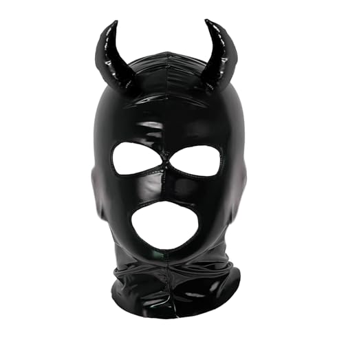 CHICTRY Unisex 3 Löcher Kunstleder Maske mit Hörner Deko Dämon Kopfmaske Nightclub Catsuit Kopfhaube für Paar Spiel Schwarz B L von CHICTRY