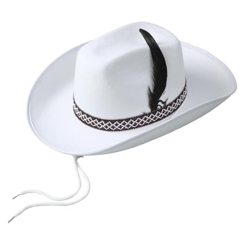 CHICTRY Unisex Cowboyhut mit Feder Deko Western Filzhut Retro Kopfbedeckung Breite Krempe Kappe Maskenade Requisite Jazz Zubehör Weiß One Size von CHICTRY