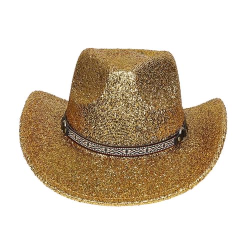 CHICTRY Unisex Halloween Glänzende Cowboyhut Breite Krempe Cowgirl Hut Glitzernde Partyhut Jazz Hut Kopfbedeckung für Junggesellinnenabschied Gold A One Size von CHICTRY