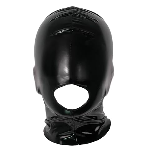 CHICTRY Unisex Kunstleder Kopfmaske mit offenem Mund Kopfhaube Nightclub Catsuit Kopfbedeckung für Paar Spiel Schwarz M von CHICTRY