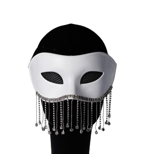 CHICTRY Unisex Venezianischen Maske mit Schleier/Strass Quasten Vintage Augenmaske Maskerade Maske Party Fasching Performance Weiß A One Size von CHICTRY