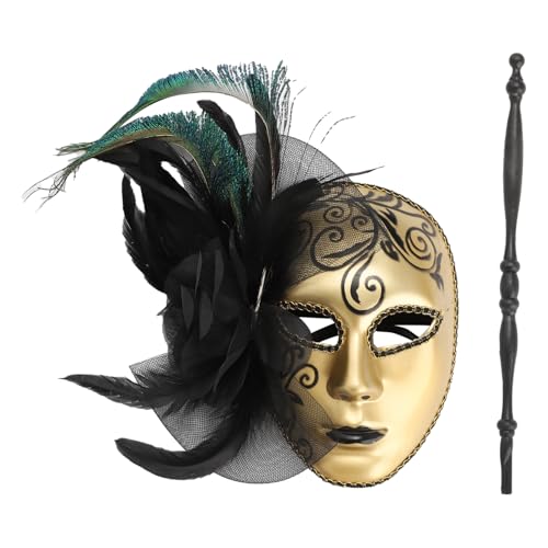 CHICTRY Venezianischen Maske mit Stick Feder Mesh Maskerade Kopfmaske Karnevalsmaske Halloween Karneval Party Ball Party Zubehör Gold One Size von CHICTRY