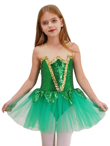 CHICTRY Waldfee Kostüm Kinder Mädchen Pailletten Glitzer Tanzkleid Ärmellos Ballettanzug Rückenfrei Body Mit Rüschen Tutu Rock Tüllrock Tanzkostüm Grün 170 von CHICTRY