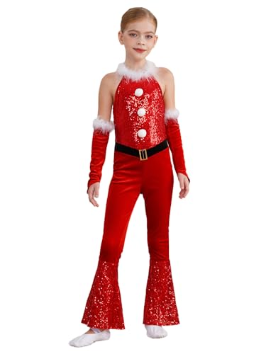 CHICTRY Weihnachten Kostüm Kinder Mädchen Pailletten Overall Ärmellos Jumpsuit Federbesatz Body Schlaghose Weites Bein Mit Armstulpen Weihnachtsoutfit Rot 110-116 von CHICTRY