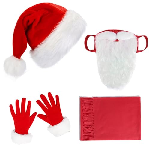 CHICTRY Weihnachten Kostüm Zubehör Rote Weihnchtsmütze mit Plüsch Rand Handschuhe Fake Bart Augenbrauen Schal Fliege Weihnachten Karneval Mottoparty Typ C One Size von CHICTRY