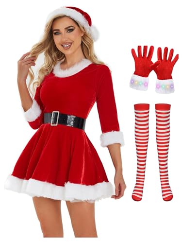 CHICTRY Weihnachten Weihnachtsmann Cosplay Kostüm Damen V-ausschnitt Kleid Mit Gürtel Weihnachtsmütze Handscuhe Streifen Strümpfe Party Santa Outfit Rot L von CHICTRY