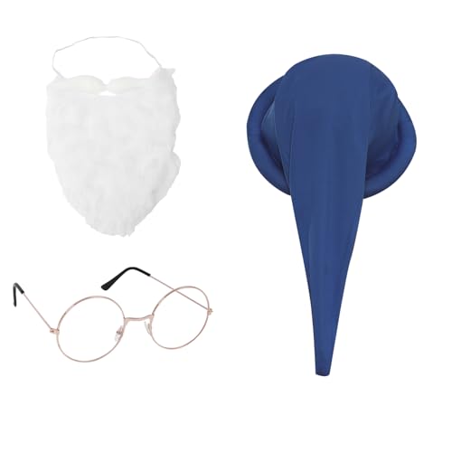 CHICTRY Weihnachten Zwerg Kostüm Set Zwergenmütze mit Gold Flache Brille Bart Set Halloween Zipfelmütze Wichtelmütze Kopfbedeckung Kostüm Karneval Blau One Size von CHICTRY