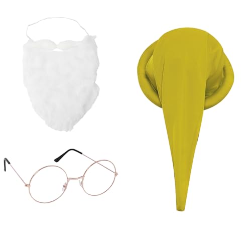 CHICTRY Weihnachten Zwerg Kostüm Set Zwergenmütze mit Gold Flache Brille Bart Set Halloween Zipfelmütze Wichtelmütze Kopfbedeckung Kostüm Karneval Gelb One Size von CHICTRY