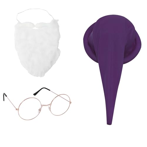 CHICTRY Weihnachten Zwerg Kostüm Set Zwergenmütze mit Gold Flache Brille Bart Set Halloween Zipfelmütze Wichtelmütze Kopfbedeckung Kostüm Karneval Violett One Size von CHICTRY