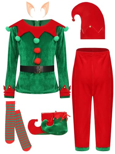 CHICTRY Weihnachtself Kostüm Kinder Junge Langarm Samt Pullover Gezackt Saum Oberteil Mit Weihnachtshose Hut Elfenohren Strümpfe Schuhe Gürtel Wichtel Outfit Grün 122-128 von CHICTRY