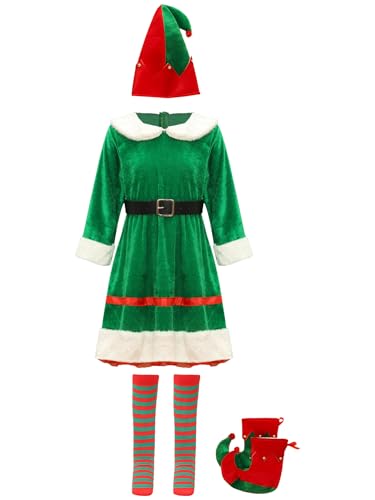 CHICTRY Weihnachtselfen Kostüm Kinder Mädchen Langarm Samtkleid Puppenkragen Winterkleid Mit Federbesatz Elfenhut Strümpfe Schuhe Outfit Grün 146-152 von CHICTRY