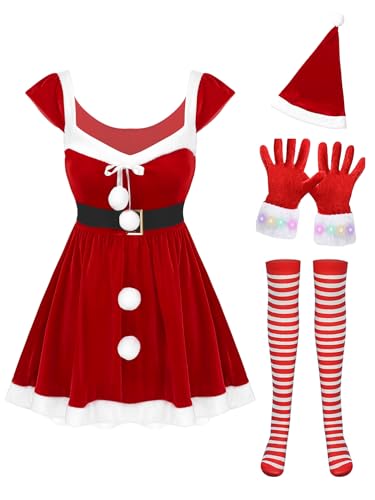 CHICTRY Weihnachtsfrau Kostüm Damen Eckiger Ausschnitt Kleid Fellbesatz Samtkleid Mit Weihnachtshut Handschuhe Streifen Strümpfe 4tlg Weihnachtsoutfit Rot M von CHICTRY