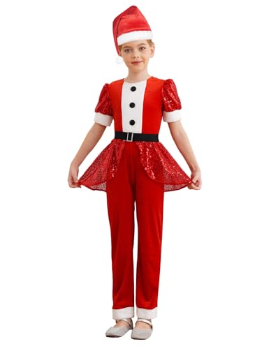 CHICTRY Weihnachtsfrau Kostüm Kinder Mädchen Elfen Outfit Pailletten Overall Puffärmel Samt Jumpsuit Mit Fellbesatz Nikolausmütze Weihnachtsoutfit Rot 122-128 von CHICTRY