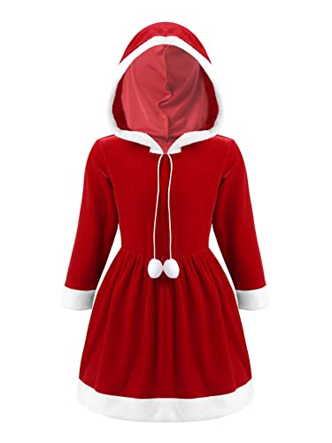 CHICTRY Weihnachtskleid Flauschig Kinder Mädchen Langarm Samtkleid Mit Kapuze Fellbesatz Minikleid A Linien Partykleid Festlich Rot 122-128 von CHICTRY