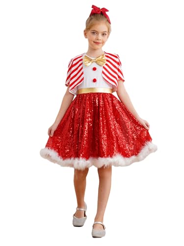 CHICTRY Weihnachtskleid Kinder Mädchen Zuckerstangen Kostüm Ärmellos Partykleid Kurzarm Streifen Patchwork Boleor Pailletten Tanzrock Mit Federbesatz Rot 122-128 von CHICTRY